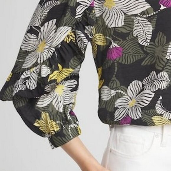 Chico's 3 XL US 16 Ruffle Sleeve Popover Top Blouse Black Floral 3/4 Sleeve - Picture 5 of 15